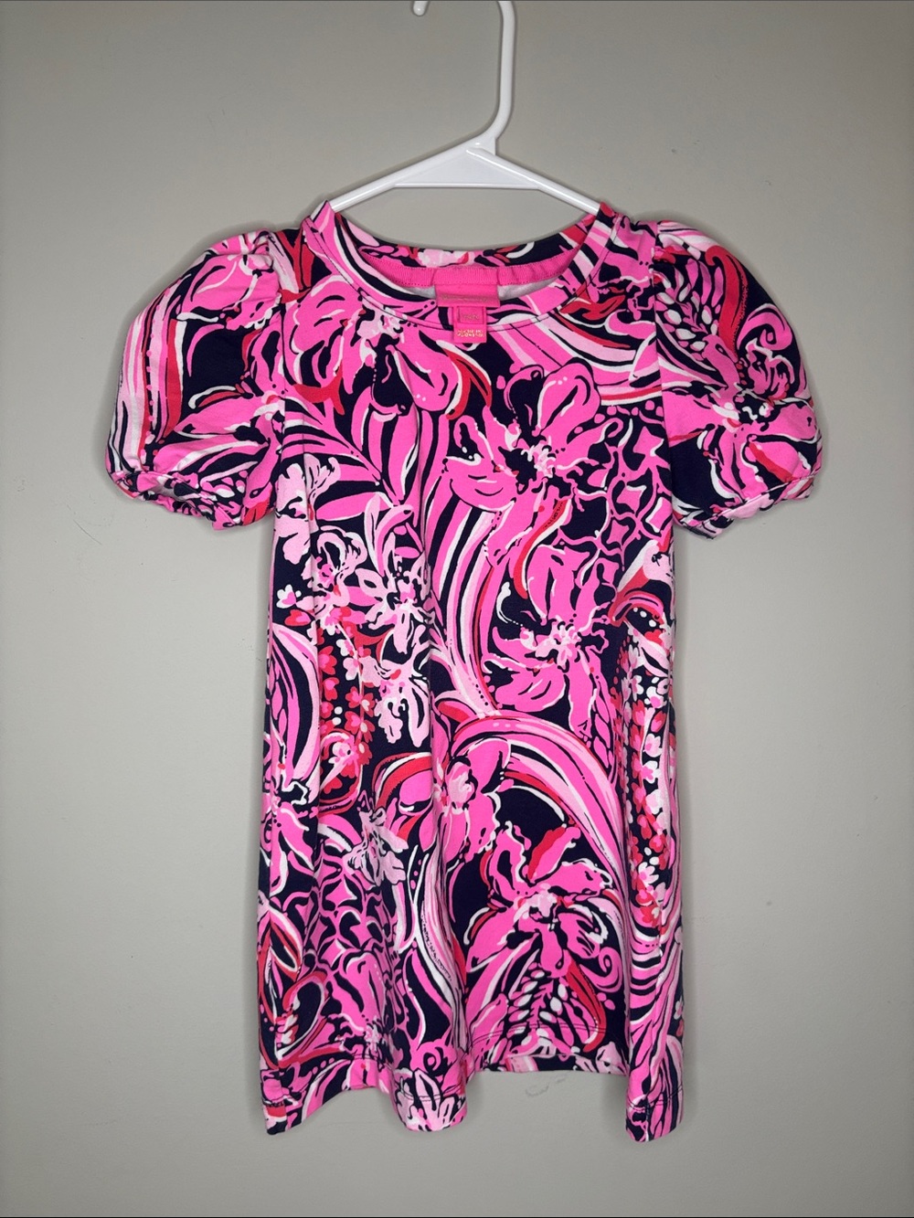 Lilly Pulitzer girls puff sleeve t-shirt shift dress pink navy size small 4-5